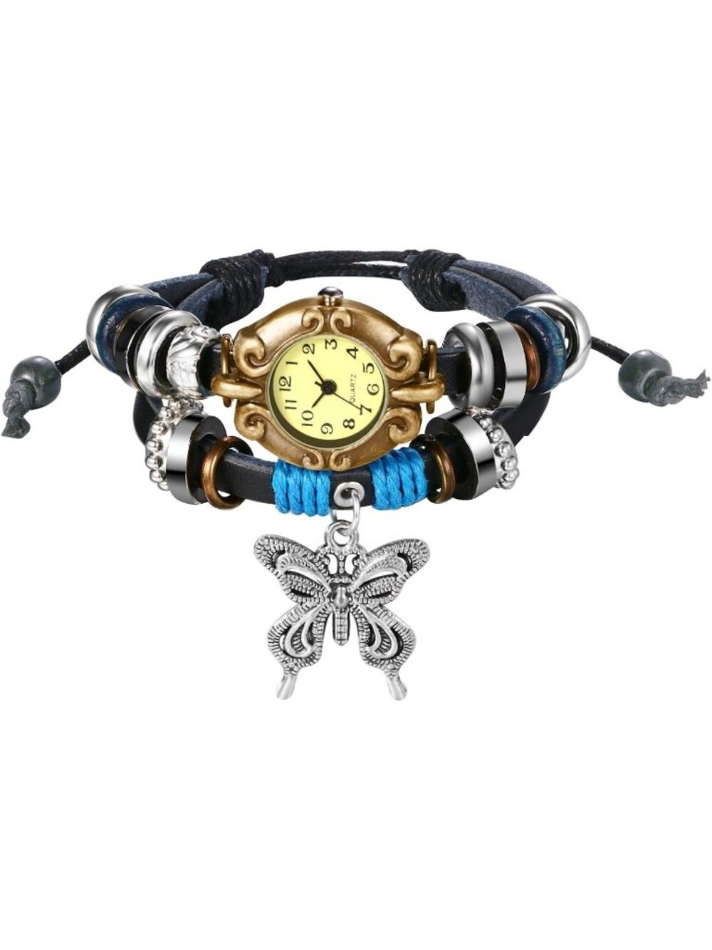 Women Black Blue Analog Butterfly Bracelet Weave Wrap Around Leather Wrist Watch